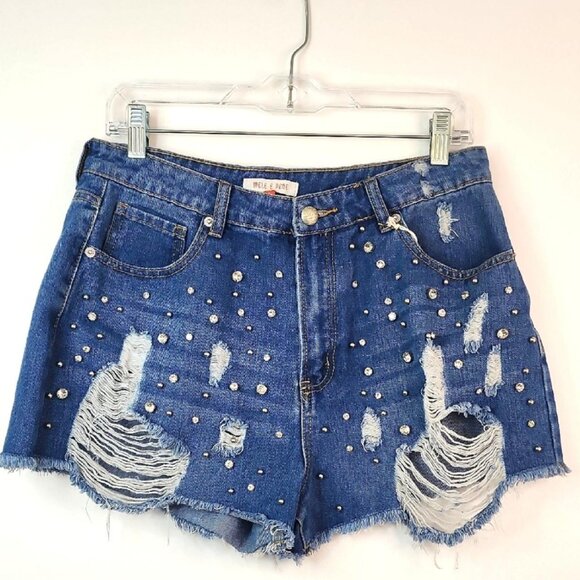 Mele E Pere Women's Distressed Jeweled Denim Blue Jeans Shorts, size Large - Picture 1 of 8